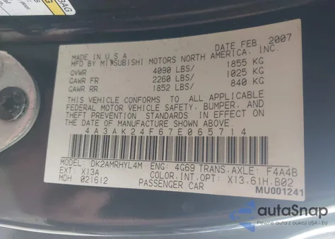 2007 Mitsubishi Eclipse Gs from USA, damaged, VIN 4A3AK24F67E065714